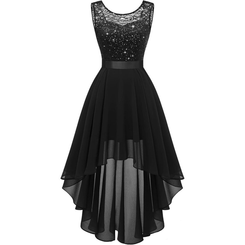 BeryLove Women Black Chiffon Scoop Neck Sleeveless Lace Cocktail Formal Dresses